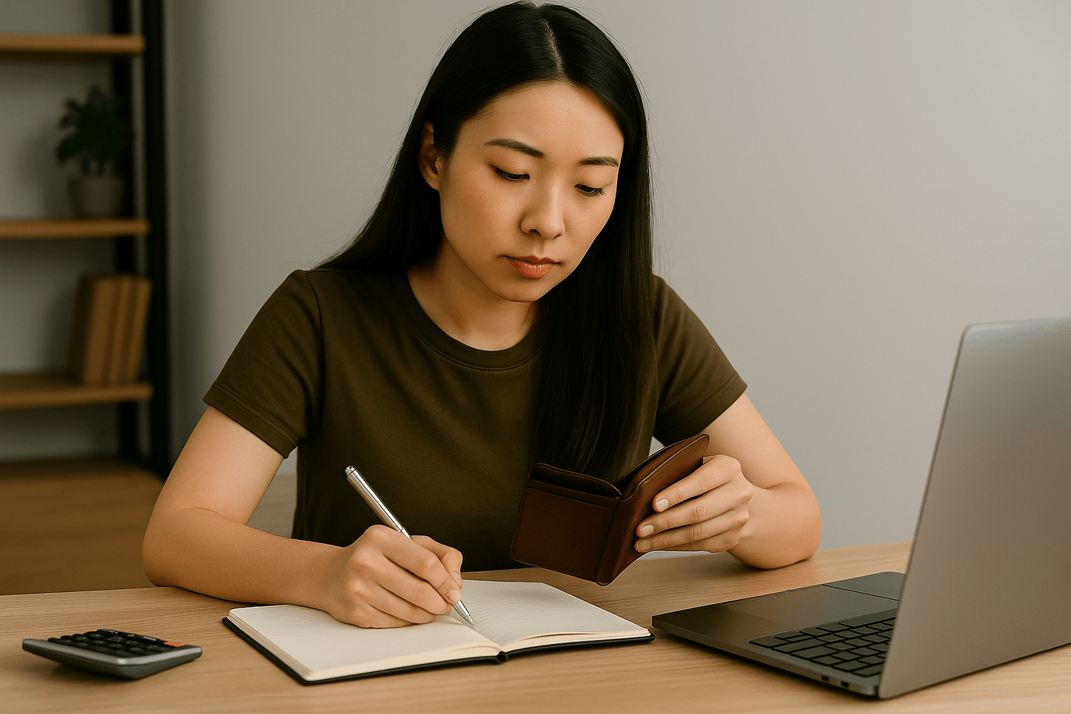 Woman writing in a notebook while reviewing finances at a desk with a laptop and wallet.
