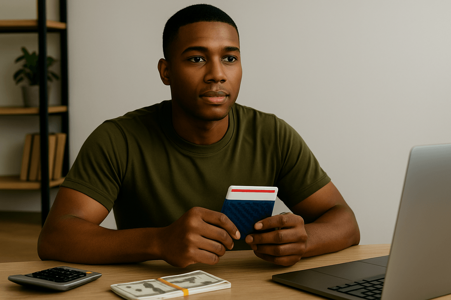 Man holding a credit card at a desk with cash, a calculator, and a laptop.