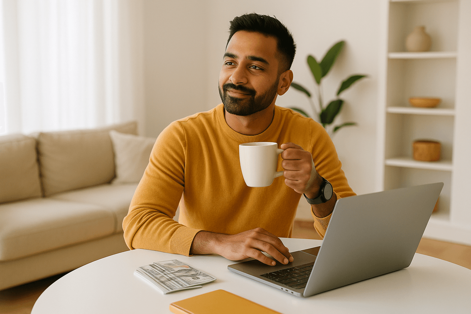 Man sitting at a table using a laptop while holding a coffee mug, with cash on the table