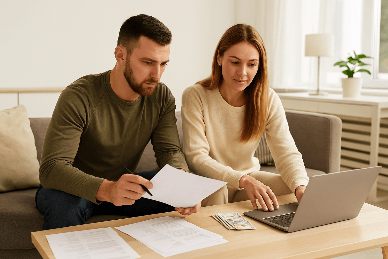 Two people reviewing documents together while using a laptop at a table.
