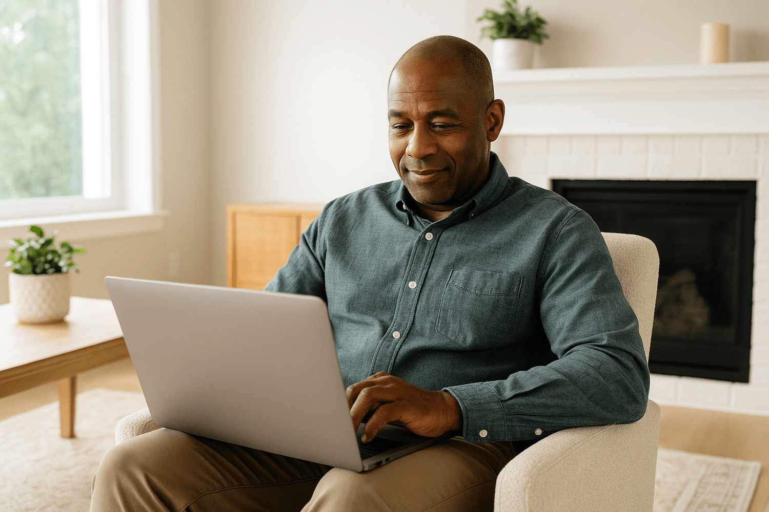 Person sitting in a chair at home, using a laptop with a calm and focused expression.