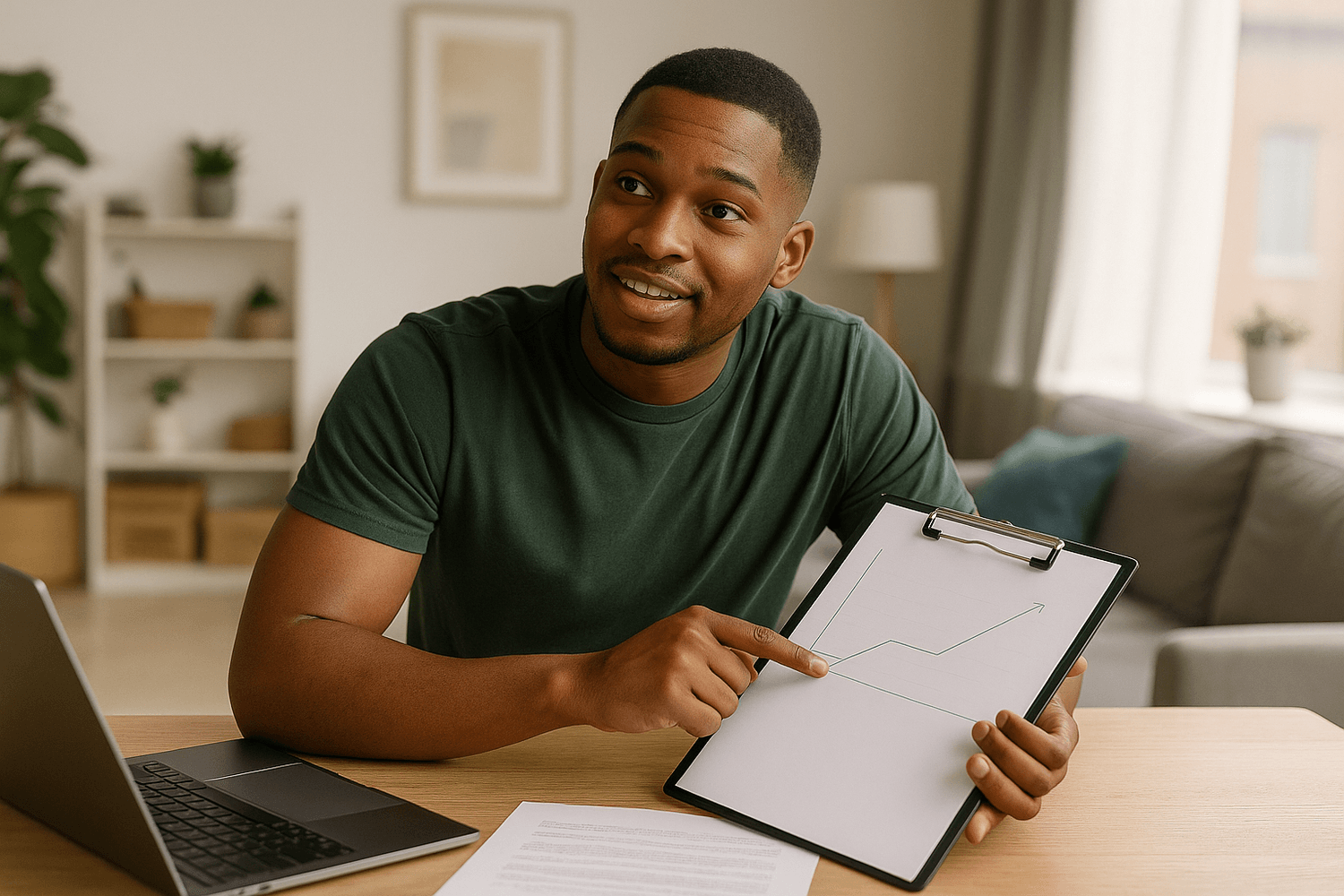 Man sitting at a table holding a clipboard with an upward-trending line graph, discussing financial growth in a bright, modern living room.