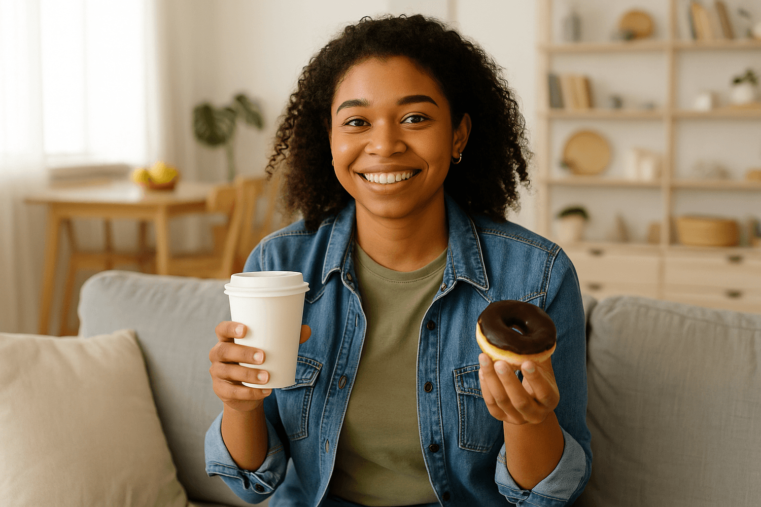 Person smiling while holding a coffee cup and a chocolate-glazed donut while sitting on a couch in a bright, cozy living space, suggesting a relaxed break or everyday moment at home.