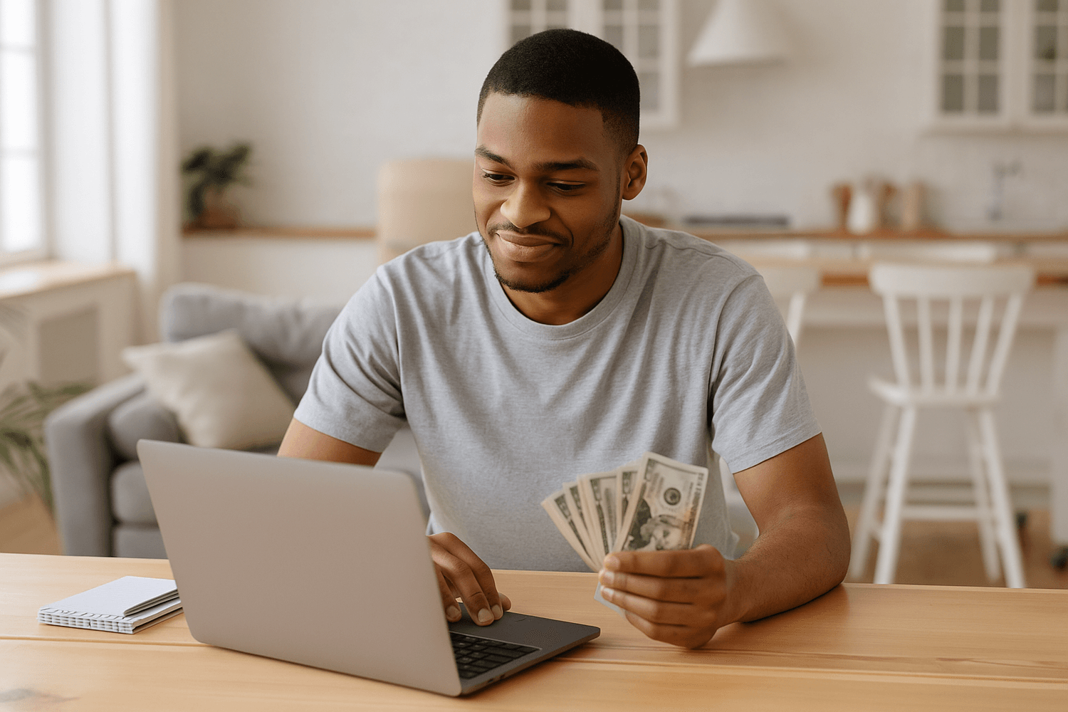 Man smiling while using a laptop at a wooden table, holding a small stack of cash in his hand in a bright, modern home kitchen and living space.