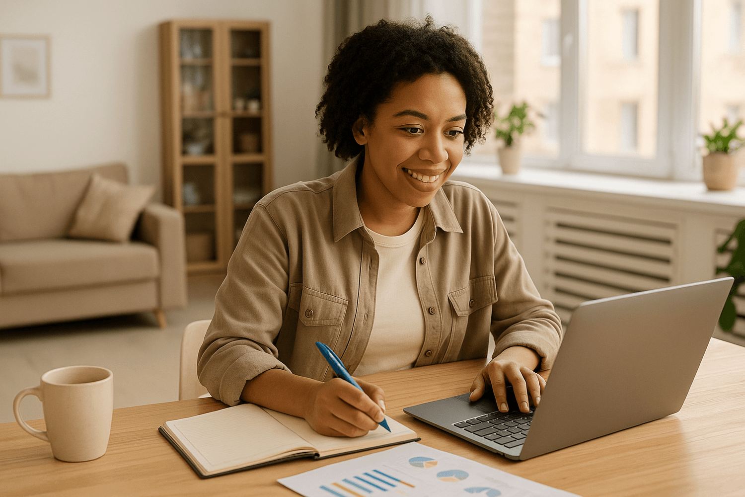 Woman smiling while working on a laptop at a desk, taking notes in a notebook with a pen, with financial charts on the table in a bright, calm home workspace.