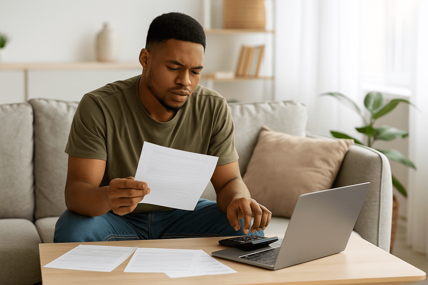 Man sitting on a couch reviewing financial papers, using a calculator beside a laptop on a coffee table in a bright living room.
