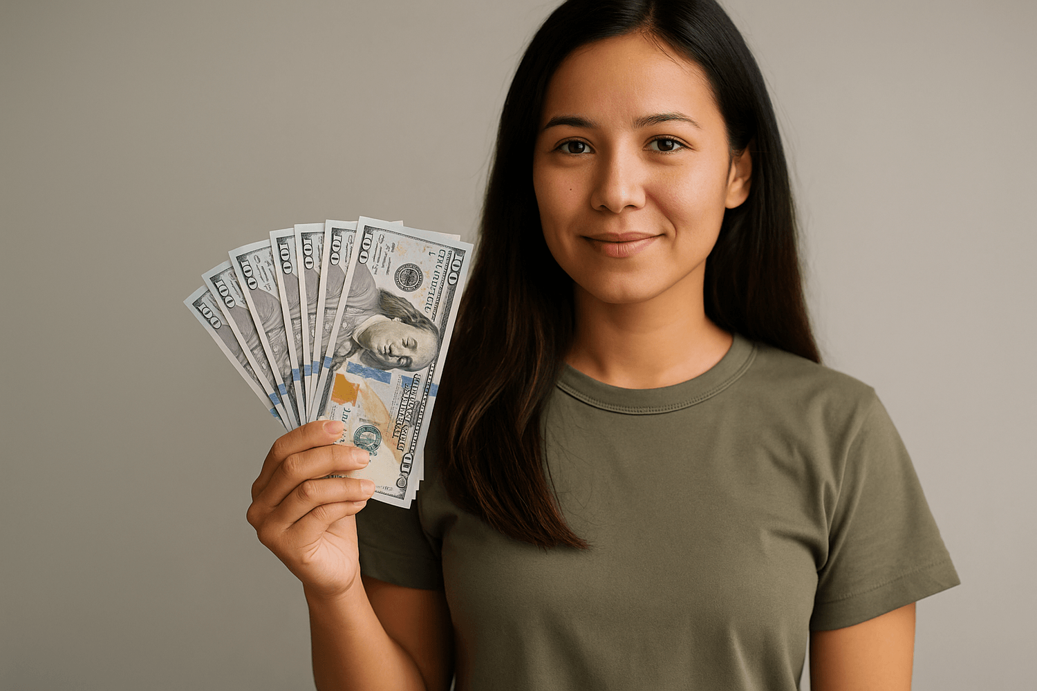 Person holding a fan of U.S. dollar bills against a plain background.