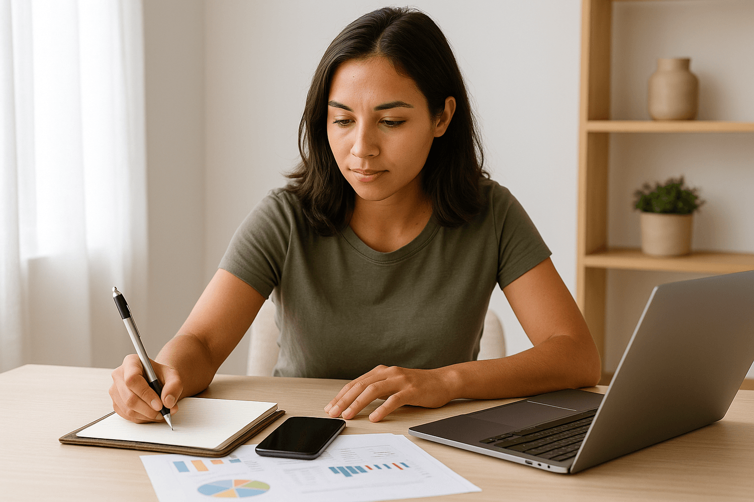 Person writing notes at a desk with a laptop, smartphone, and financial charts.