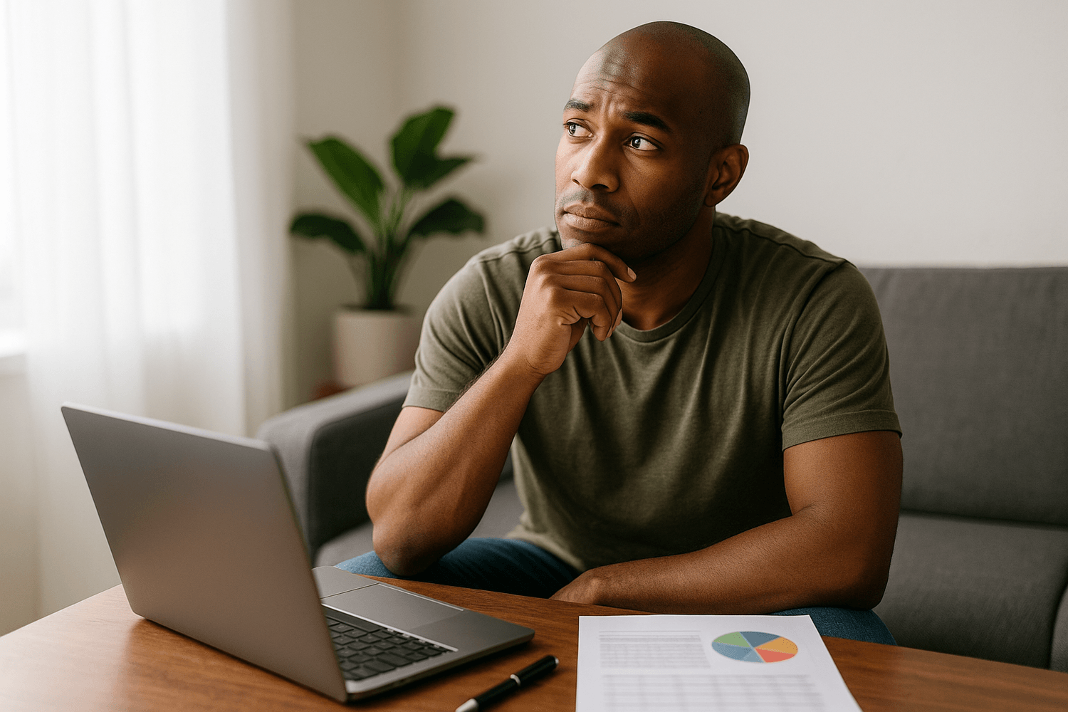 Man sitting on a couch at home, looking thoughtfully to the side while working on a laptop, with a financial report and pen on the coffee table in front of him.
