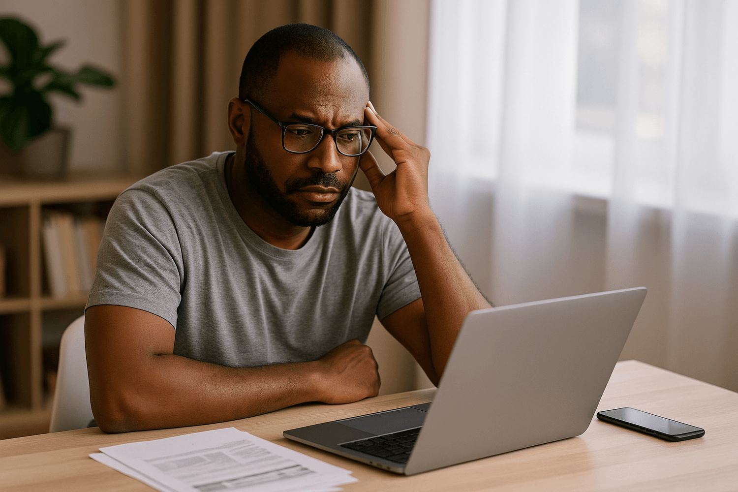 Man wearing glasses sits at a desk looking concerned while working on a laptop, with papers spread out in front of him and a smartphone nearby in a softly lit room.