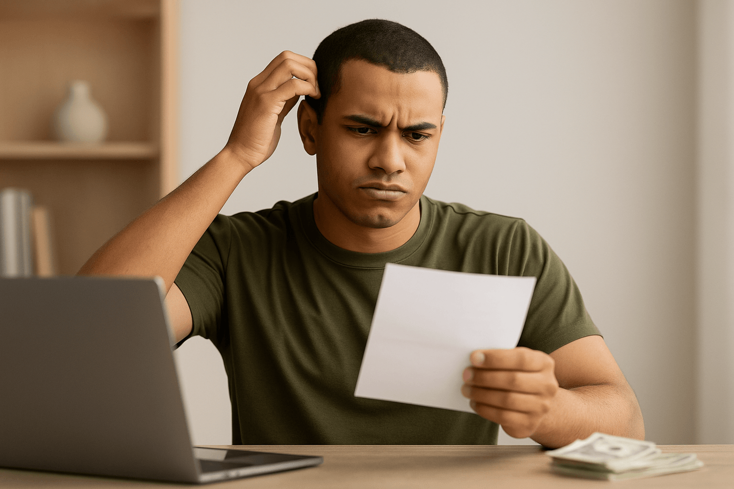 Concerned man in a green shirt sits at a desk with a laptop, scratching his head while reading a paper, with a small stack of cash beside him.