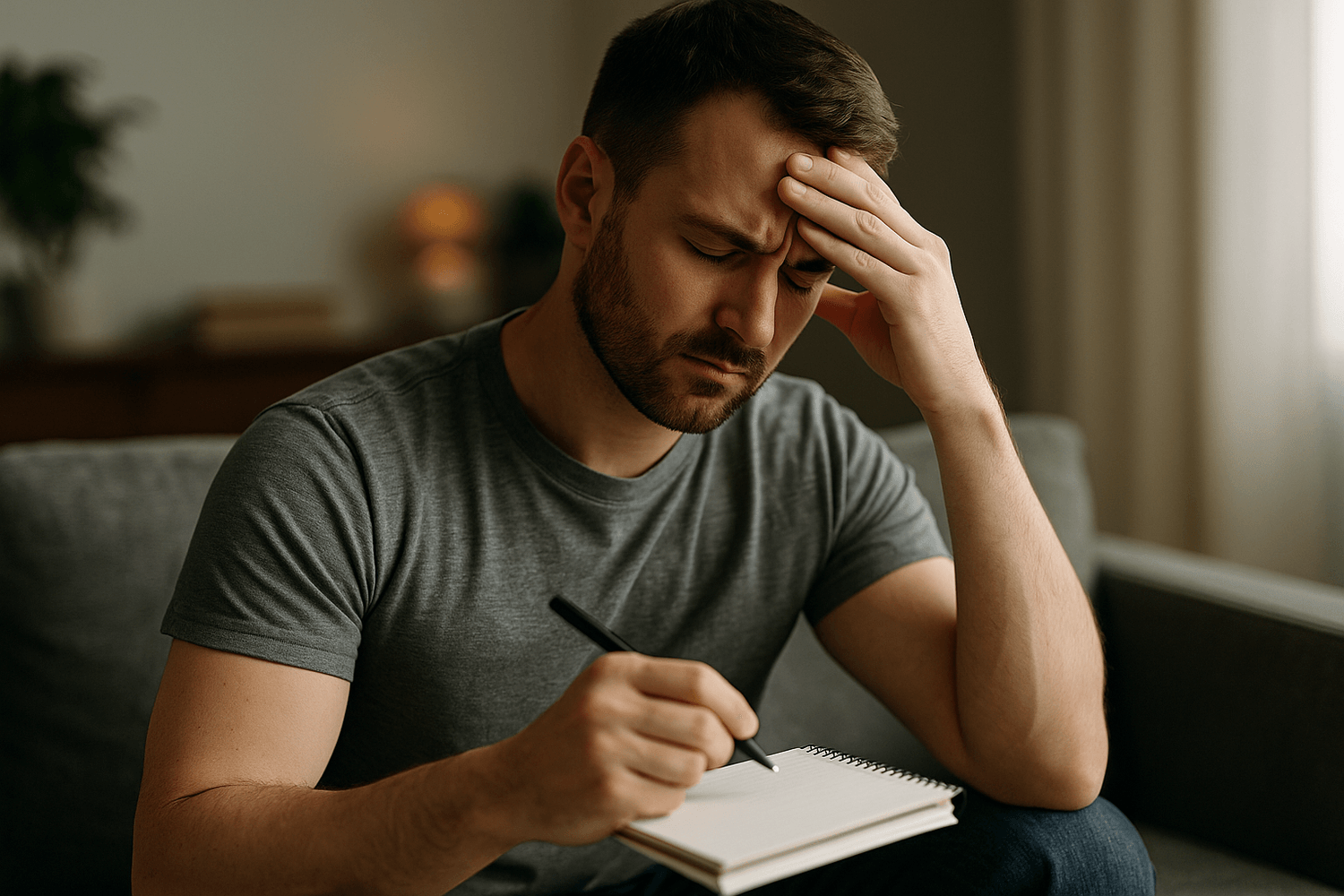 Stressed man in a gray t-shirt sits on a couch, holding his forehead while writing in a small notebook.
