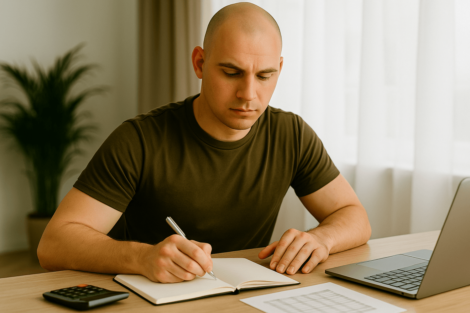 Man in a dark green shirt sits at a desk writing in a notebook, with a calculator, laptop, and printed document nearby.