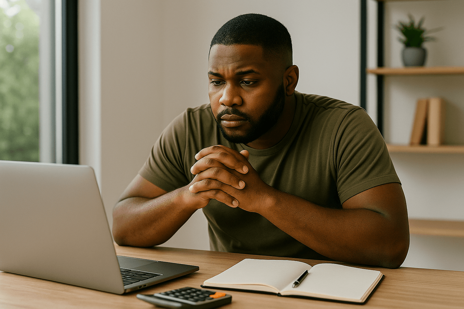 Man sitting at a desk with a laptop and notebook, hands clasped, looking thoughtfully at the screen while reviewing his finances.