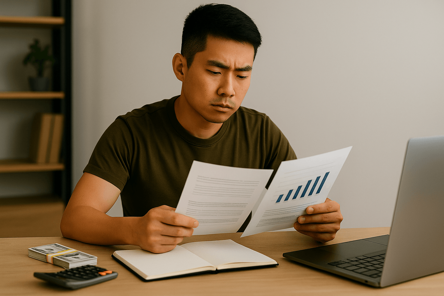 Man sitting at a desk reviewing financial documents with a bar chart, with a laptop, calculator, notebook, and a stack of cash nearby.