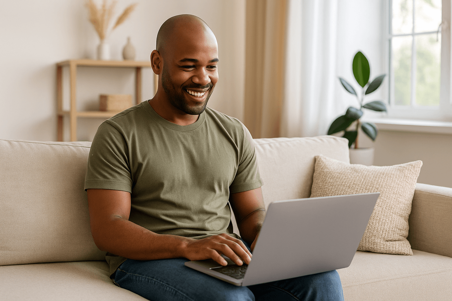 Smiling man sitting on a couch at home using a laptop, appearing relaxed and focused while managing finances or working online in a bright, modern living room.