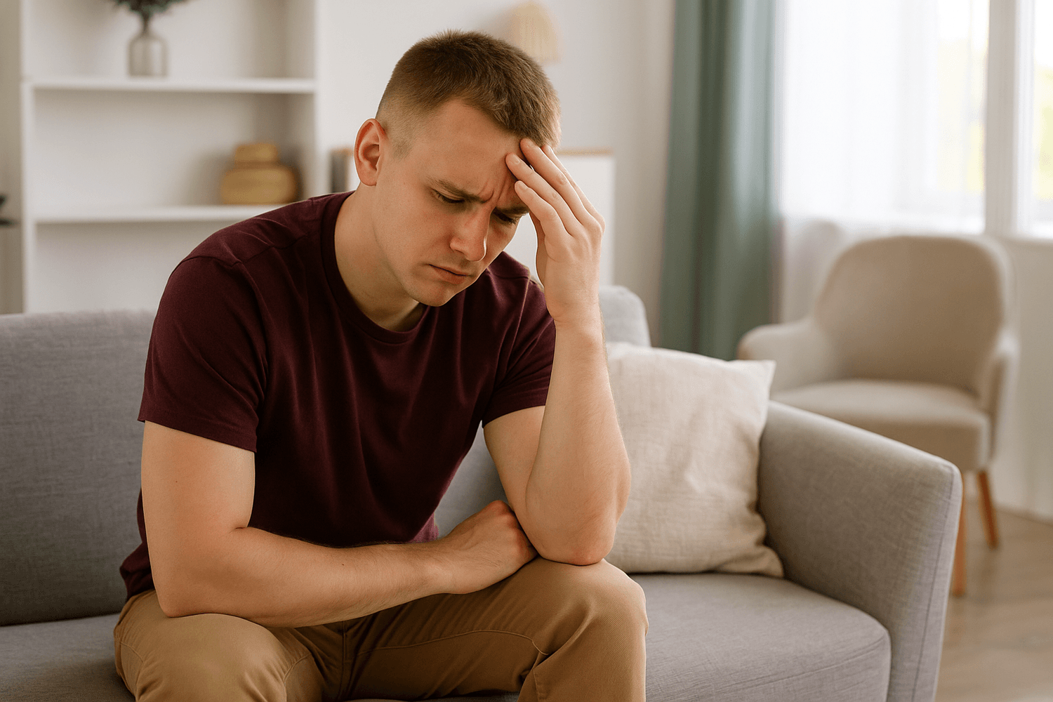 Young man sitting on a couch with his hand on his forehead, looking stressed and worried in a living room setting, suggesting financial stress or money concerns.