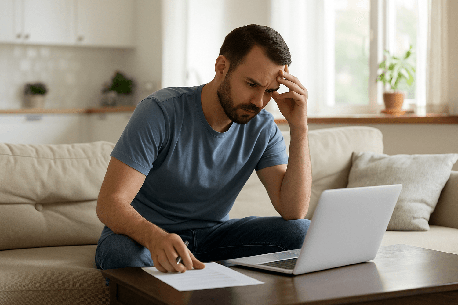 Man sitting on a couch with a laptop and paperwork on a coffee table, holding his head and looking stressed while reviewing bills or financial documents at home.