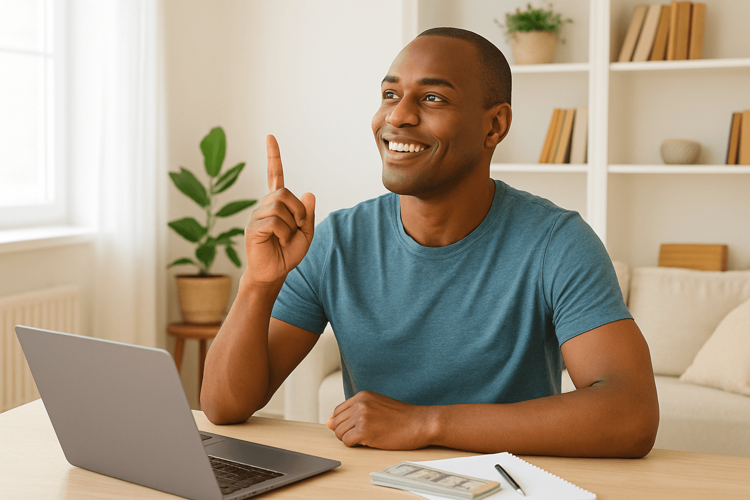 Smiling man sitting at a table with a laptop and a stack of cash, raising his finger as if having an idea while reviewing finances in a bright home office setting.