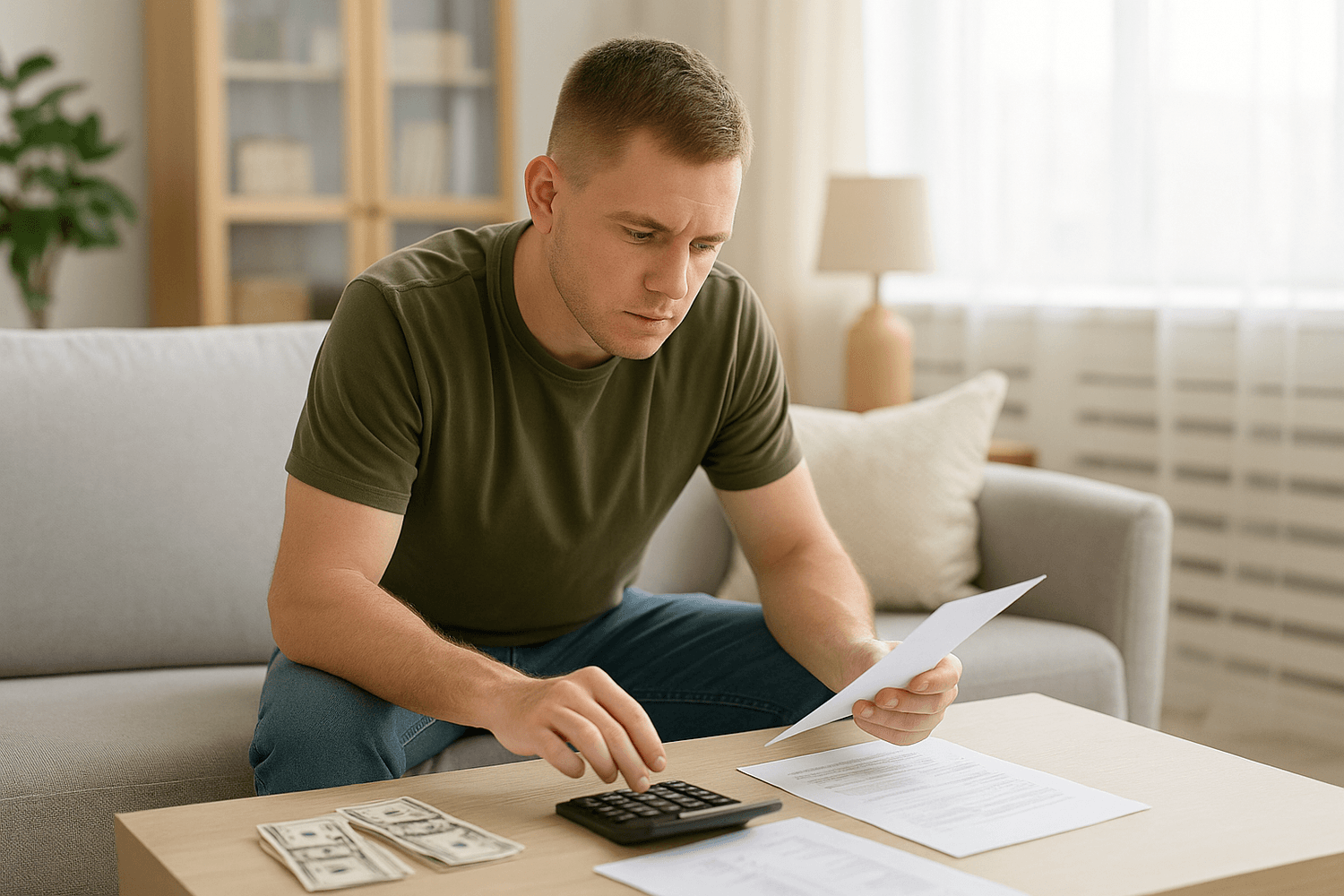 Man sitting on a couch reviewing paperwork and using a calculator with cash on the table, appearing focused while calculating bills or managing his budget at home.