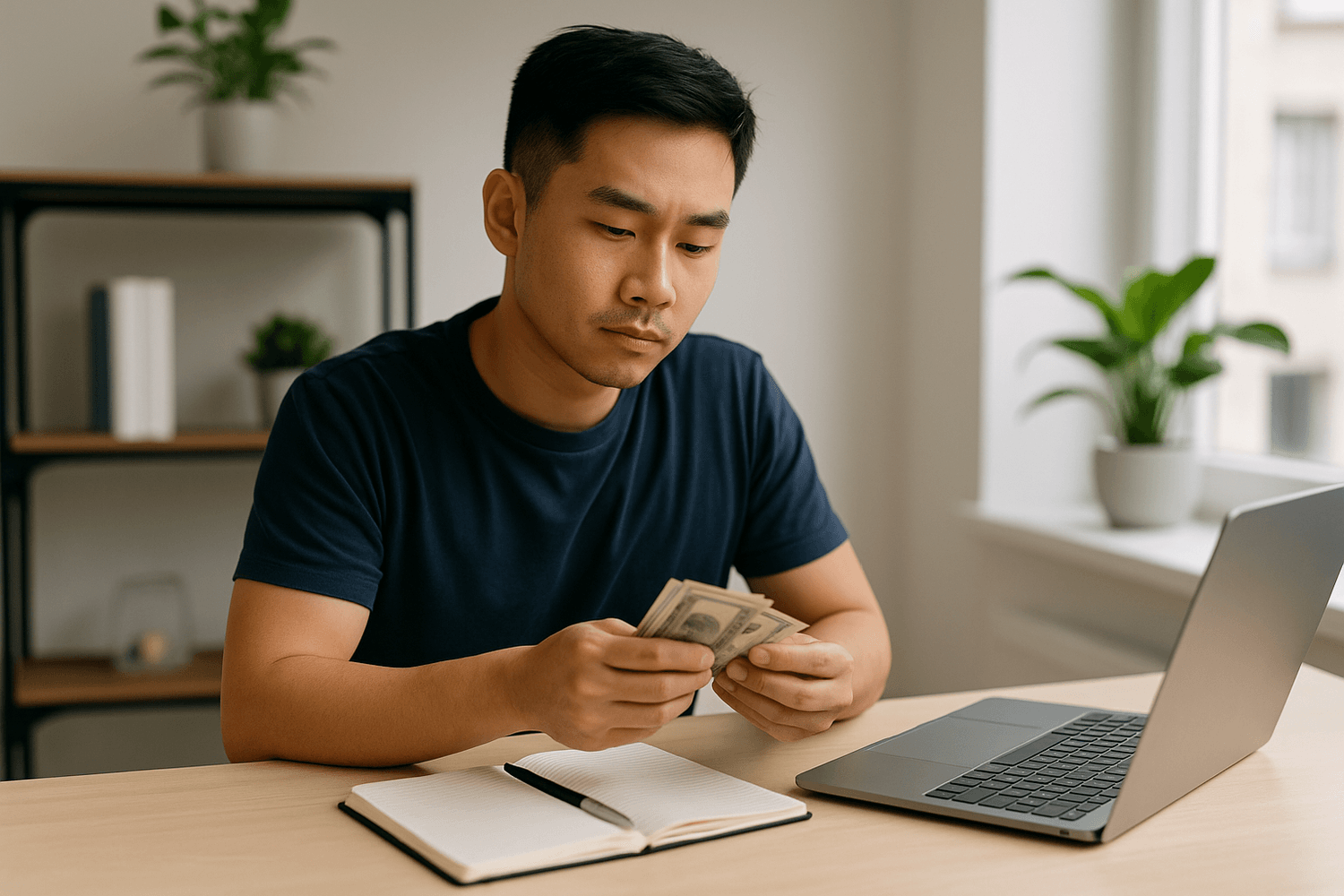 Man sitting at a desk with a laptop and notebook, counting cash with a serious expression, representing budgeting, limited funds, or careful money management at home.
