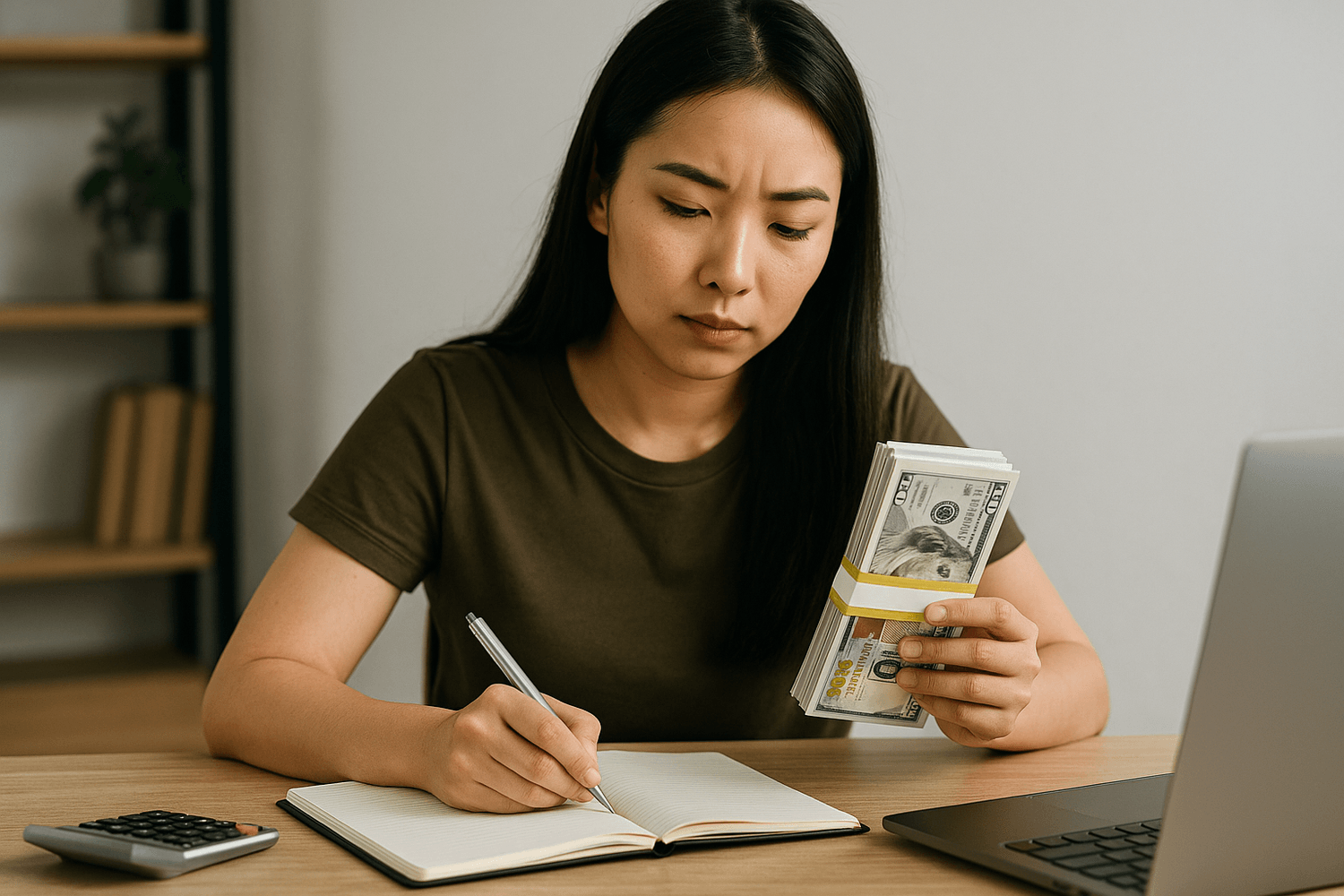 Woman sitting at a desk with a laptop and calculator, writing in a notebook while holding a stack of cash, focused on budgeting or tracking expenses at home.