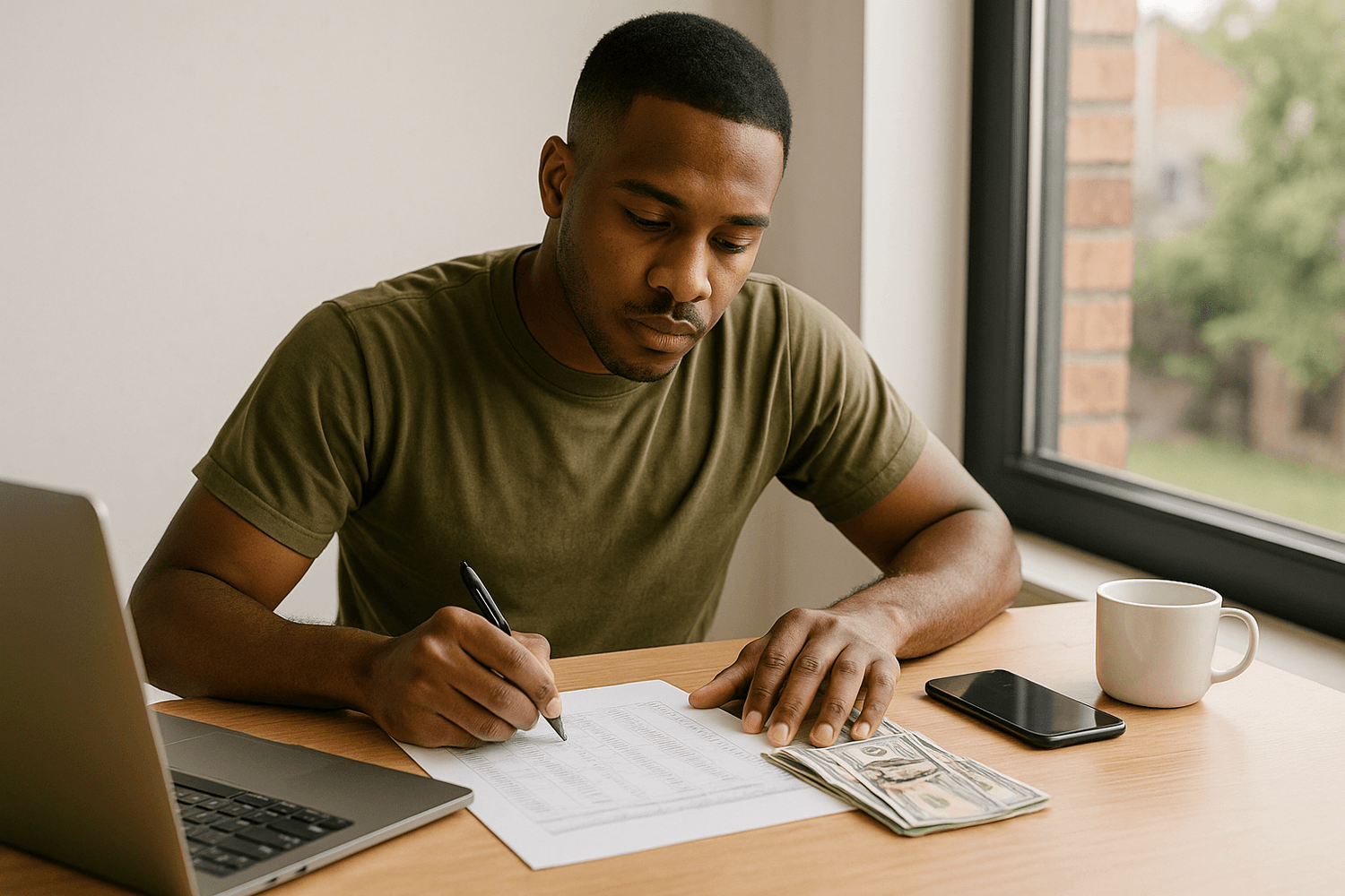 Man sitting at a desk near a window, reviewing and signing financial paperwork with a laptop open and cash on the table, focused on managing bills or budgeting.