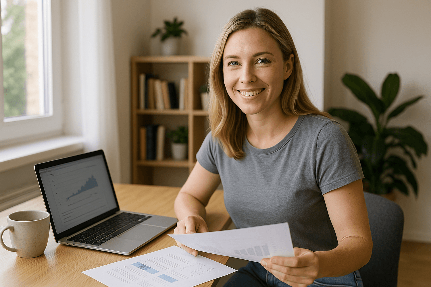 Smiling woman sitting at a desk with a laptop displaying a financial graph, holding paperwork and appearing confident about her budget or investment progress at home.