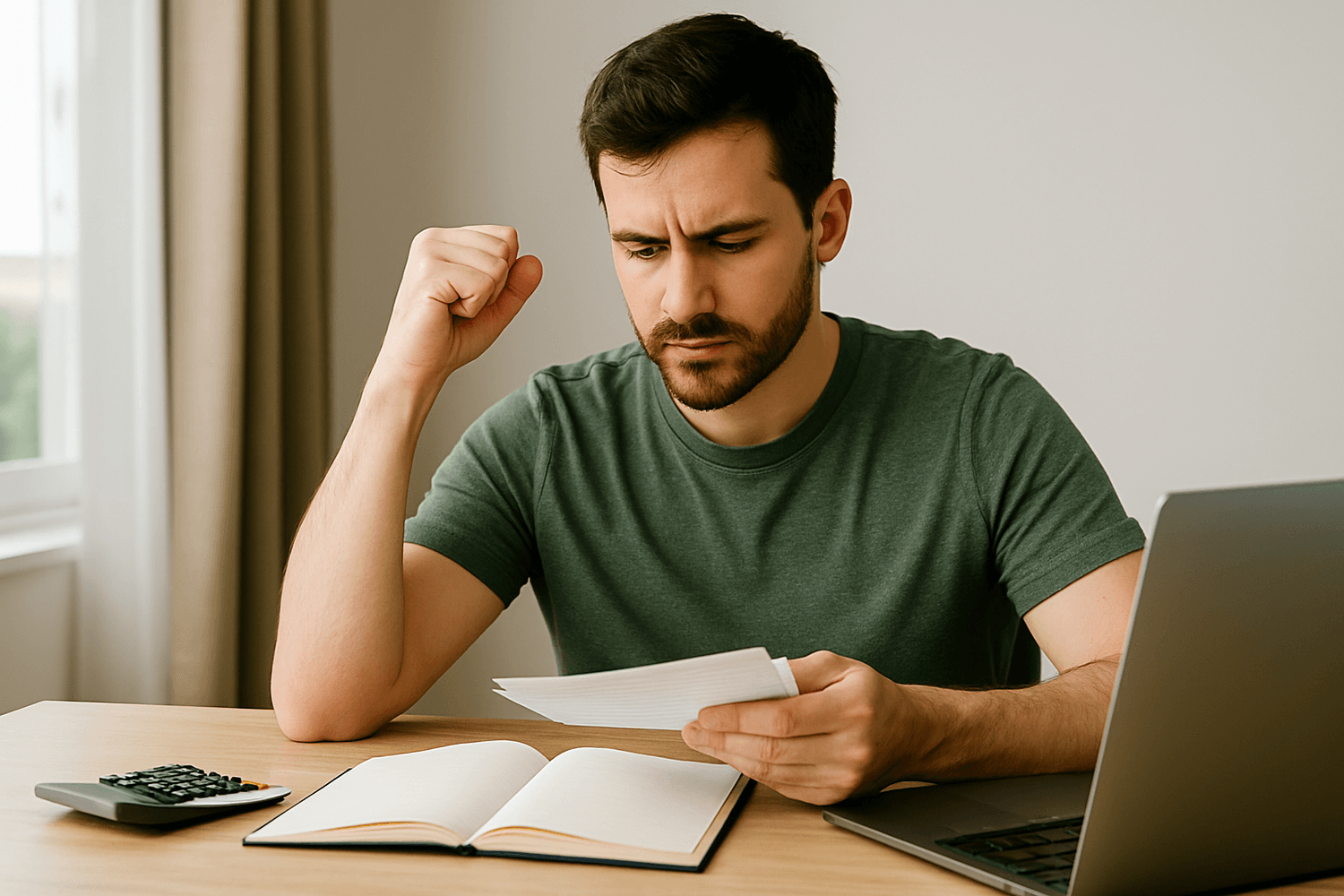 Man sitting at a desk with a laptop and calculator, holding a stack of bills while raising his fist in frustration, appearing stressed about expenses or budgeting.