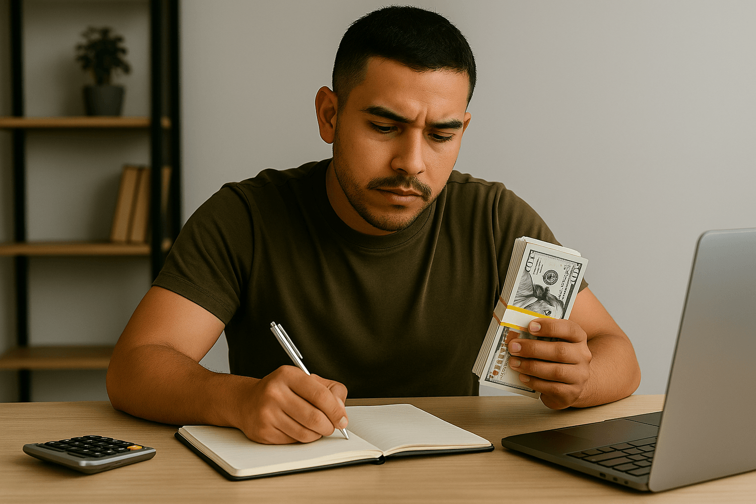 Man sitting at a desk holding a stack of cash while writing notes in a notebook next to a calculator and laptop, appearing to track spending or plan a personal budget.