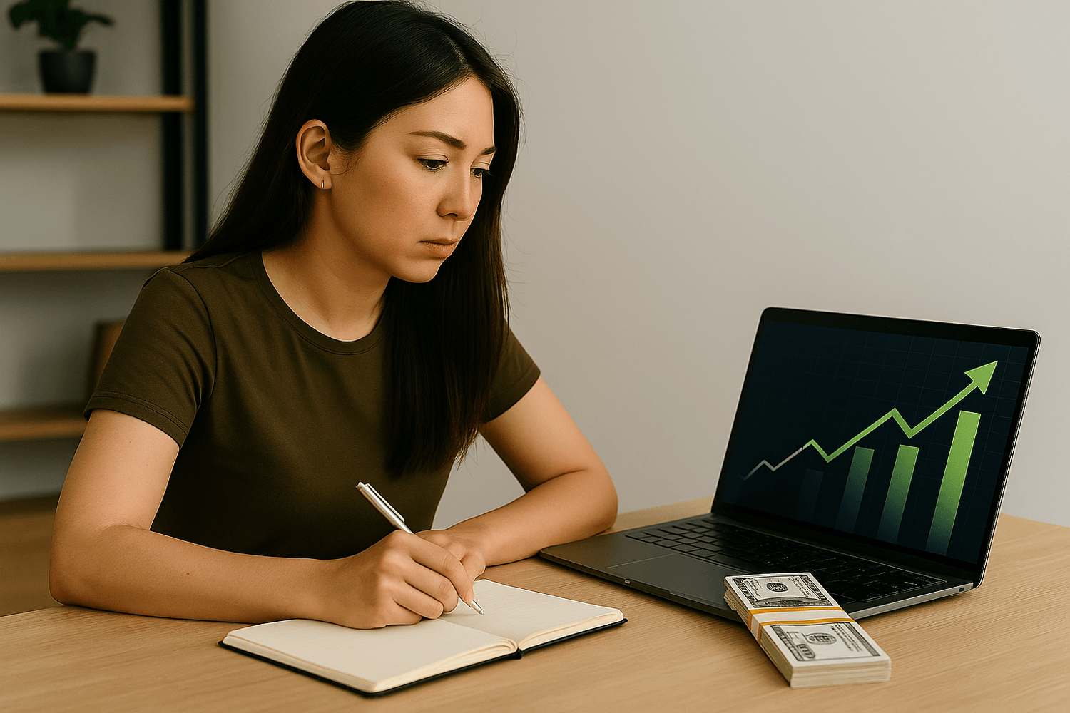 Woman sitting at a desk writing in a notebook while looking at a laptop displaying a rising financial chart, with a stack of cash beside the computer as she tracks her finances.