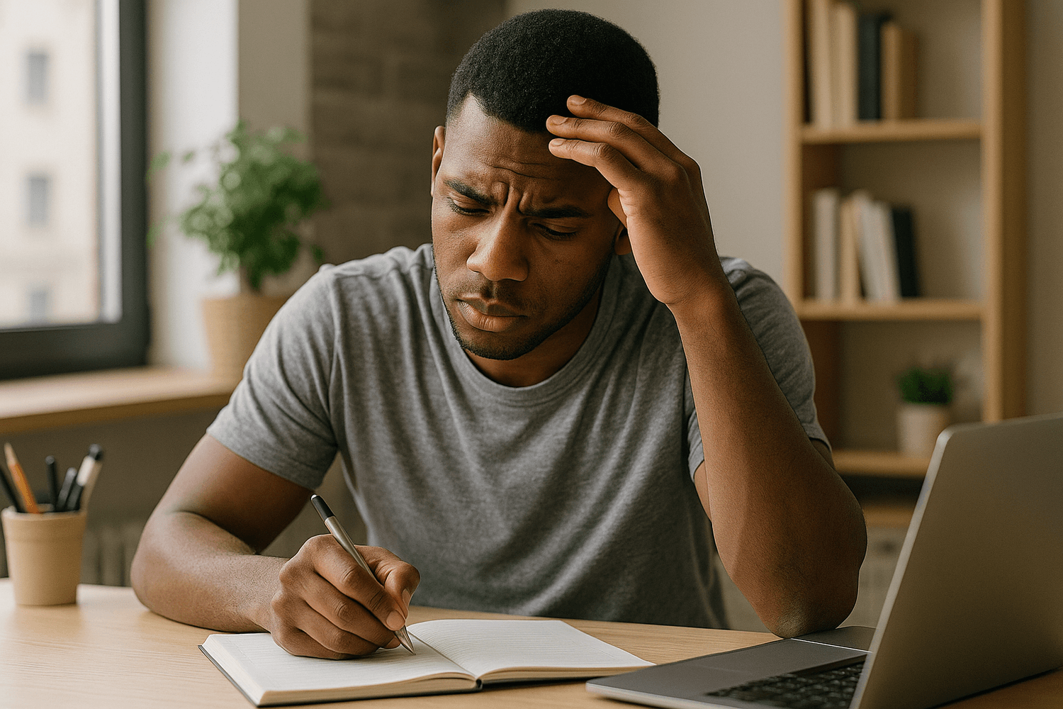 Man sitting at a desk writing in a notebook while looking concerned, with a laptop beside him as he reviews and thinks through his finances.