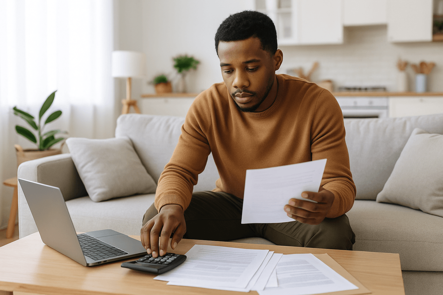 Man sitting on a couch reviewing paperwork and using a calculator with a laptop nearby, appearing focused while managing bills or personal finances at home.