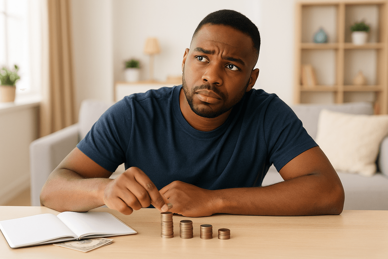 Man sitting at a table stacking coins while looking thoughtful, with a notebook and a dollar bill nearby, suggesting he is budgeting or thinking about saving money.