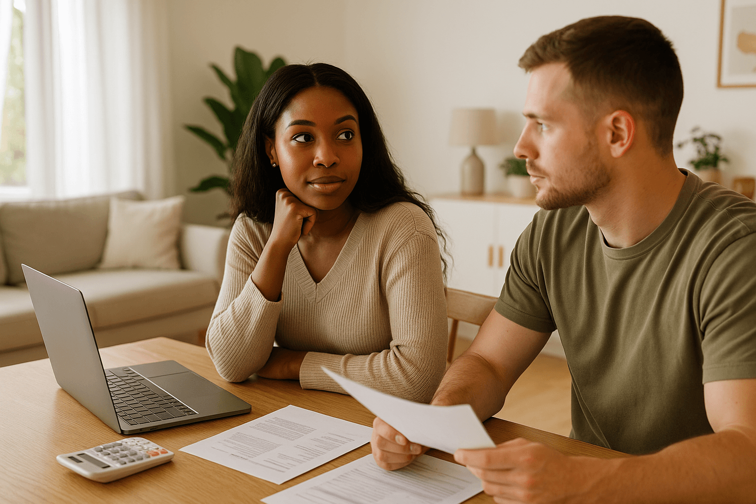 Couple sitting at a table reviewing paperwork together with a laptop and calculator nearby, appearing to discuss or manage their household finances.