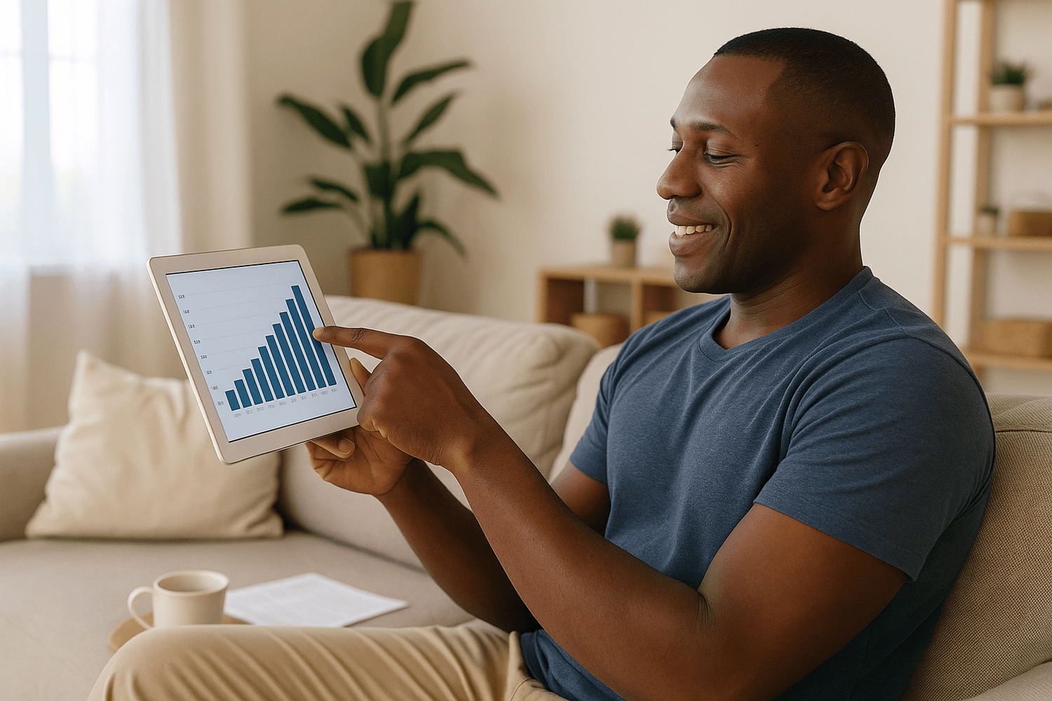 Man sitting on a couch smiling while holding a tablet that displays a rising bar chart, suggesting positive financial growth or successful investments.