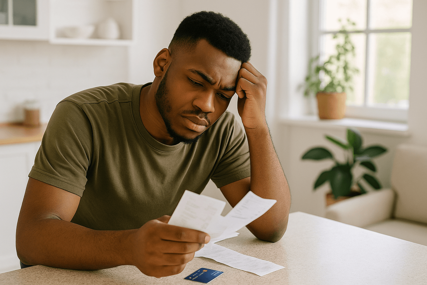 Man sitting at a table looking stressed while reviewing receipts, with a credit card nearby, suggesting concern about expenses or financial difficulties.