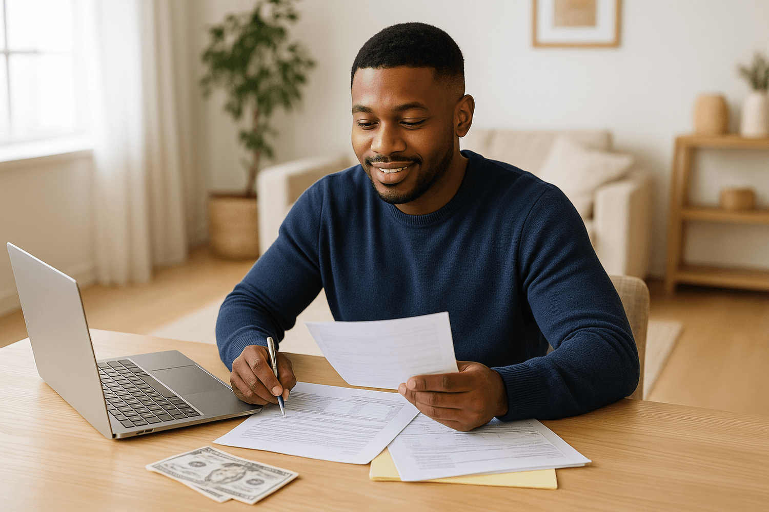 Man sitting at a table smiling while reviewing paperwork and writing notes, with a laptop and cash nearby, suggesting he is confidently managing bills or budgeting his finances.