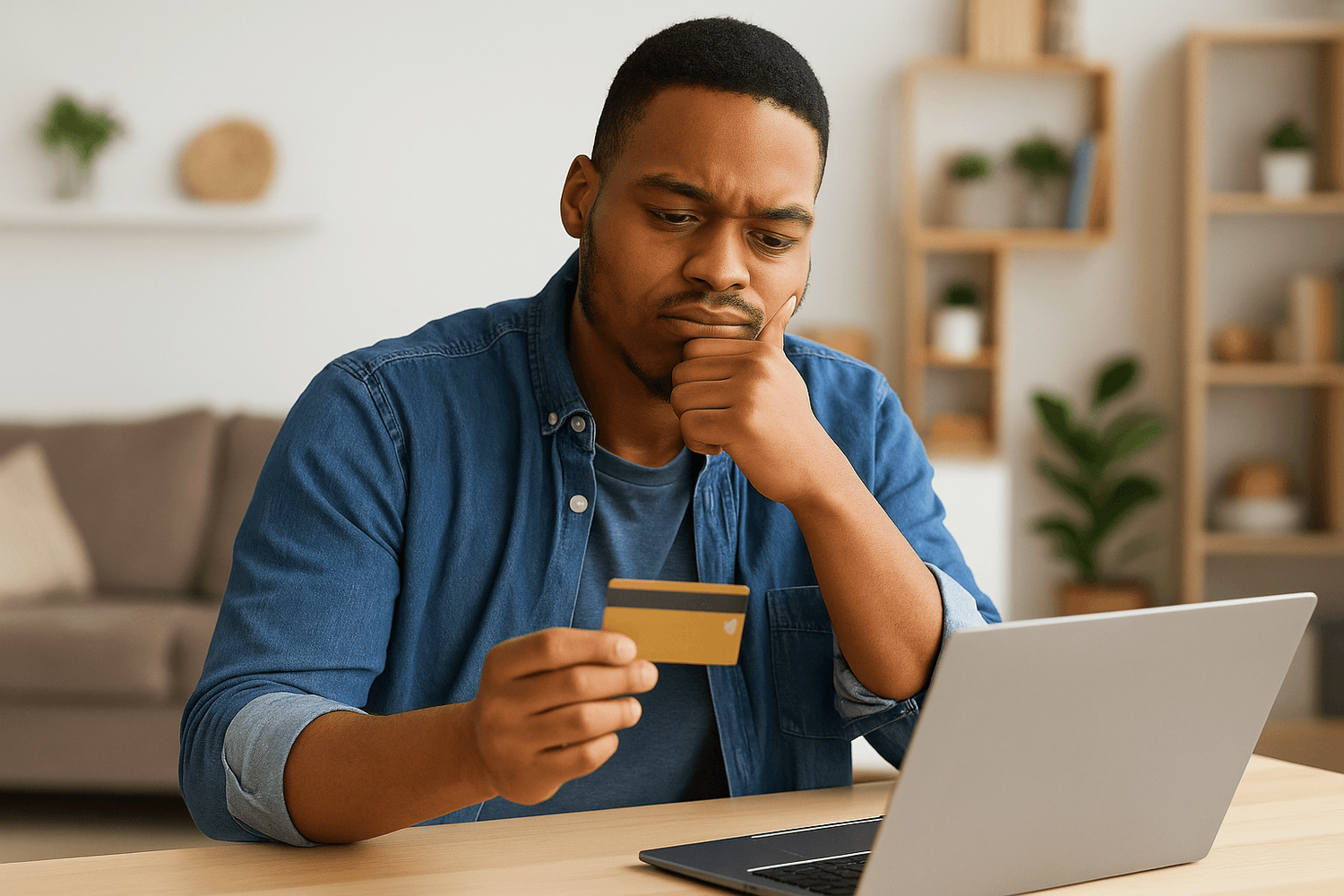 Man sitting at a table looking worried while holding a credit card and using a laptop, suggesting he is concerned about his finances or making a payment decision.