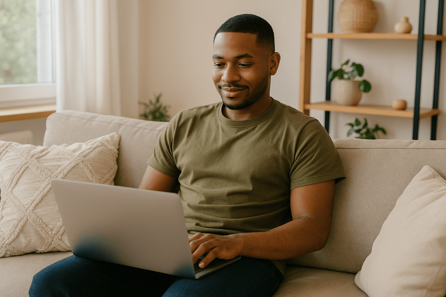 Man sitting on a couch smiling while using a laptop, suggesting he is comfortably managing tasks or reviewing information online at home.
