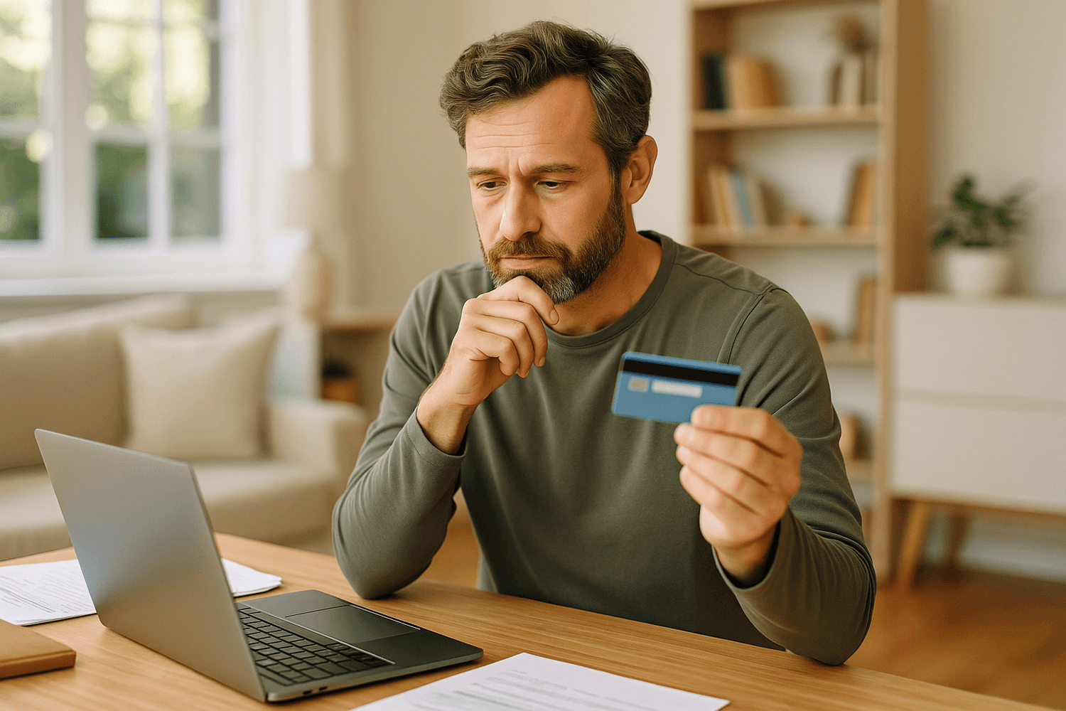Man sitting at a table looking concerned while holding a credit card and using a laptop, suggesting he is thinking carefully about a purchase or worried about his finances.