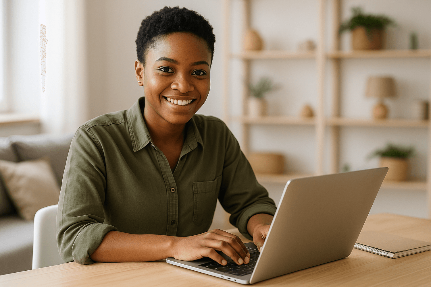 Smiling woman sitting at a desk using a laptop, suggesting she is confidently managing her finances or working on budgeting tasks at home.