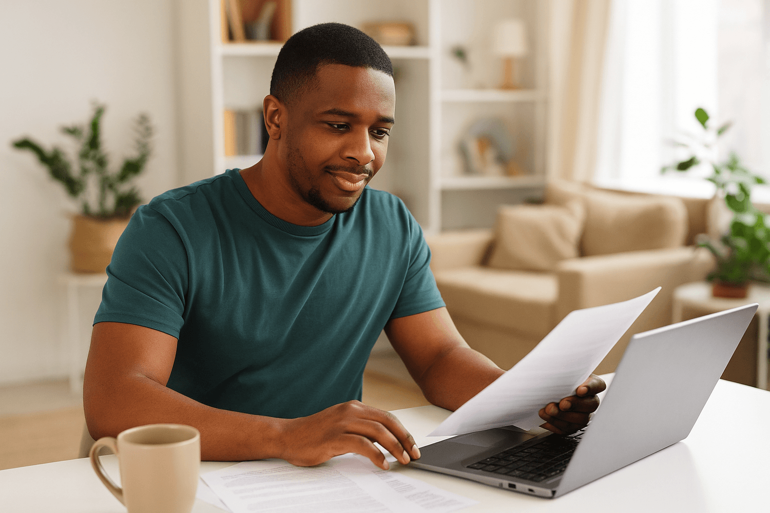 Man sitting at a table reviewing a document with a slight smile while using a laptop, suggesting he is checking finances or handling paperwork with a sense of confidence or clarity.