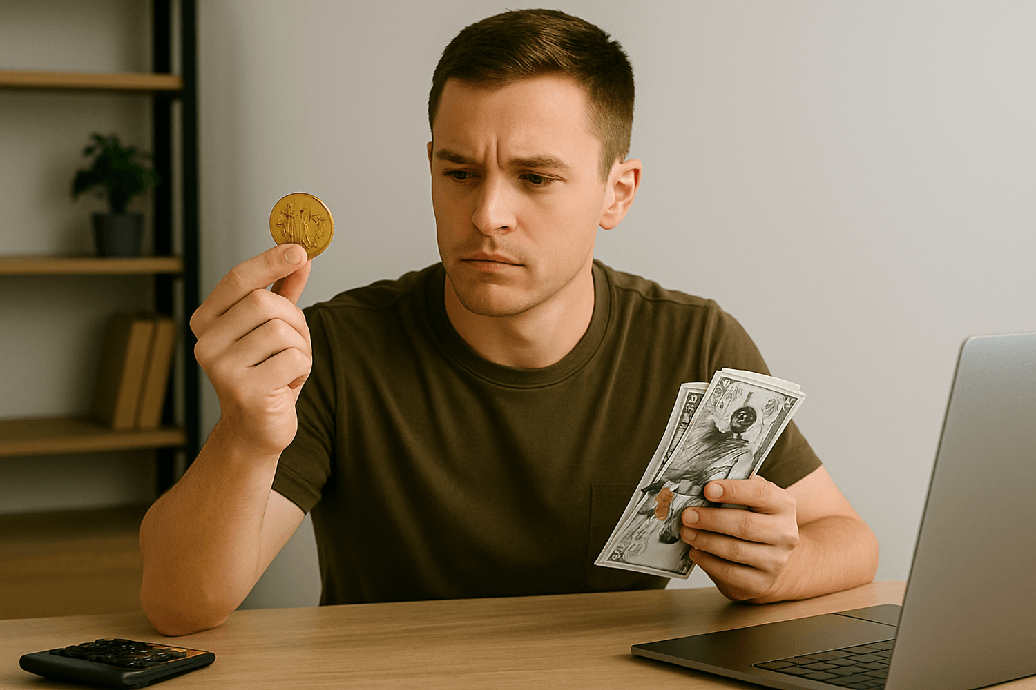 Man sitting at a desk holding a stack of cash in one hand and examining a coin in the other, with a laptop and calculator nearby, appearing focused on comparing or evaluating his money.