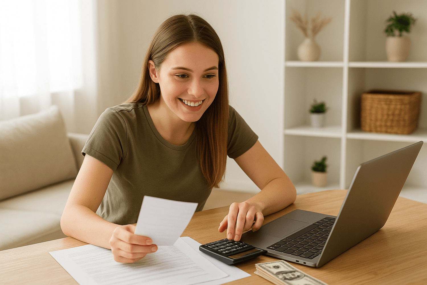 Smiling woman sitting at a table using a calculator and laptop while holding a receipt, with some cash nearby, appearing to review or manage her finances.