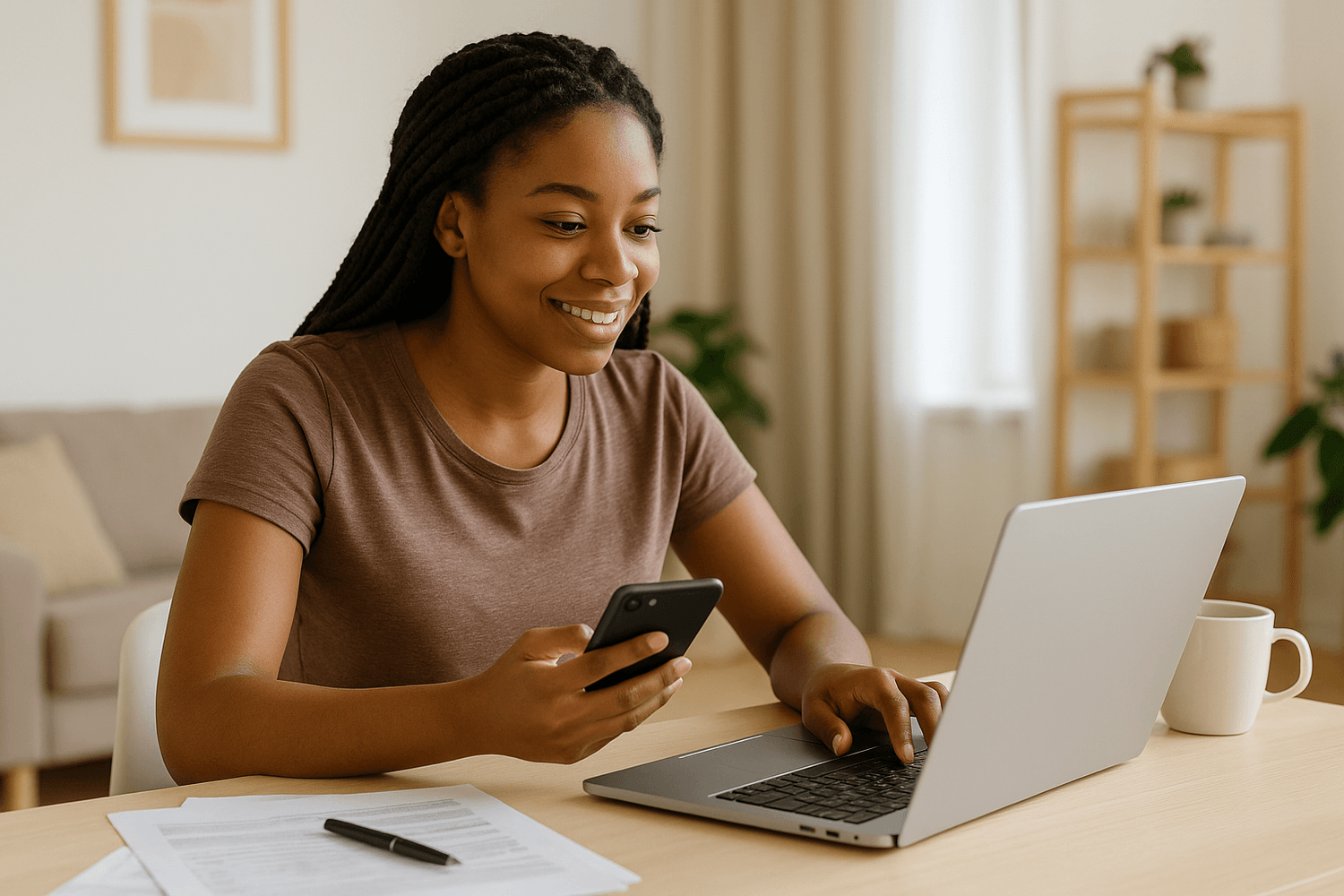 Smiling woman sitting at a table using a laptop while holding a smartphone, with papers and a coffee mug nearby, appearing to manage tasks or check information online.
