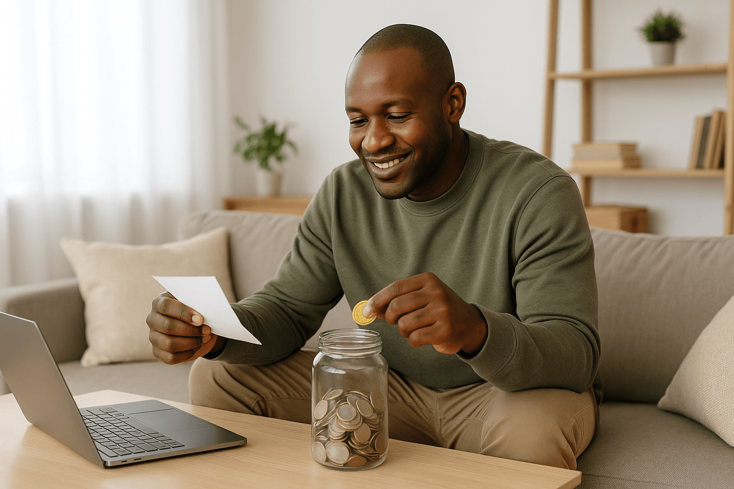 Smiling man sitting on a couch with a laptop nearby, holding a receipt and dropping a coin into a jar of savings, suggesting budgeting or saving money.