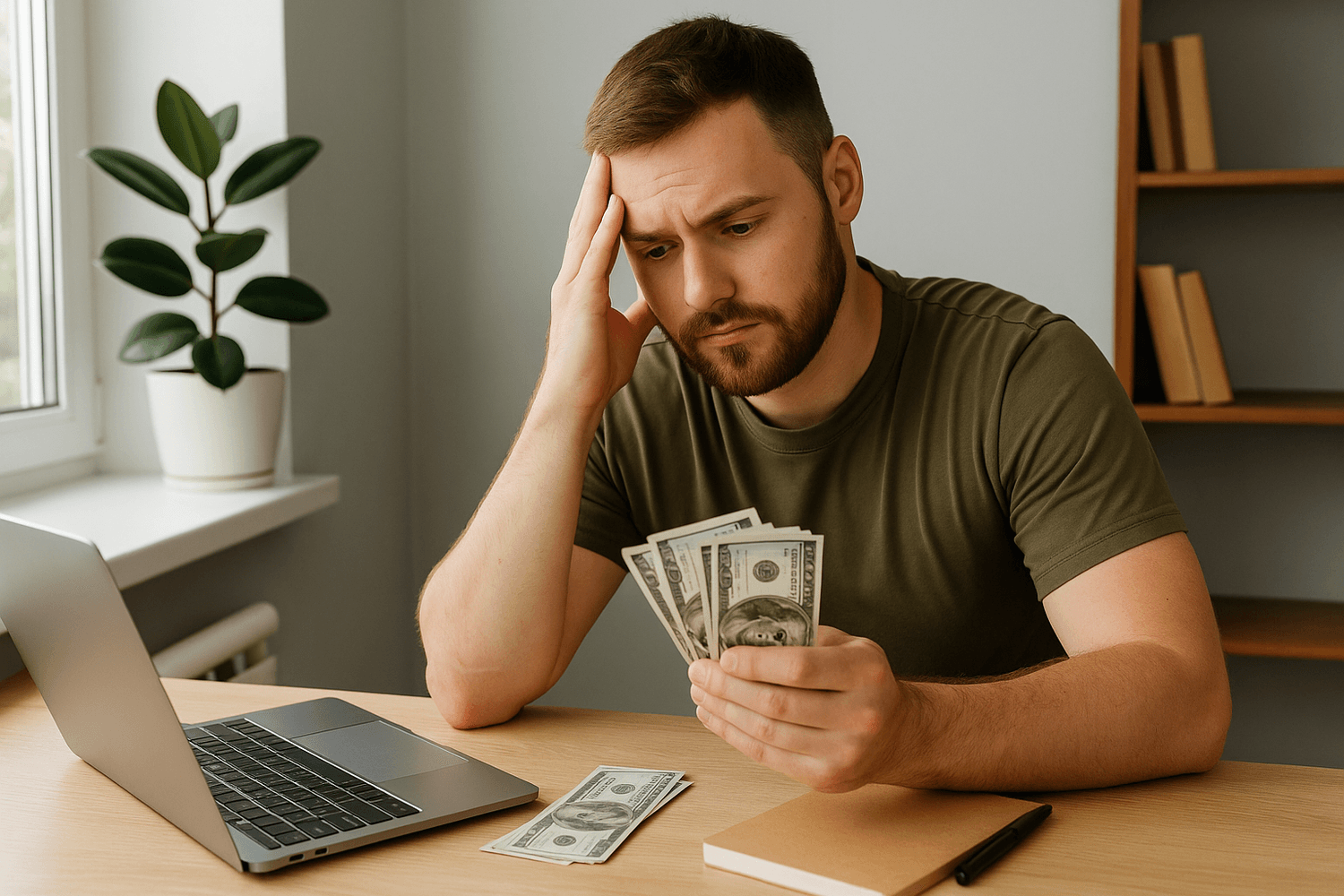 A worried man sitting at a desk, holding and counting cash while looking at a laptop, with a notebook nearby, suggesting financial stress or concern about money.