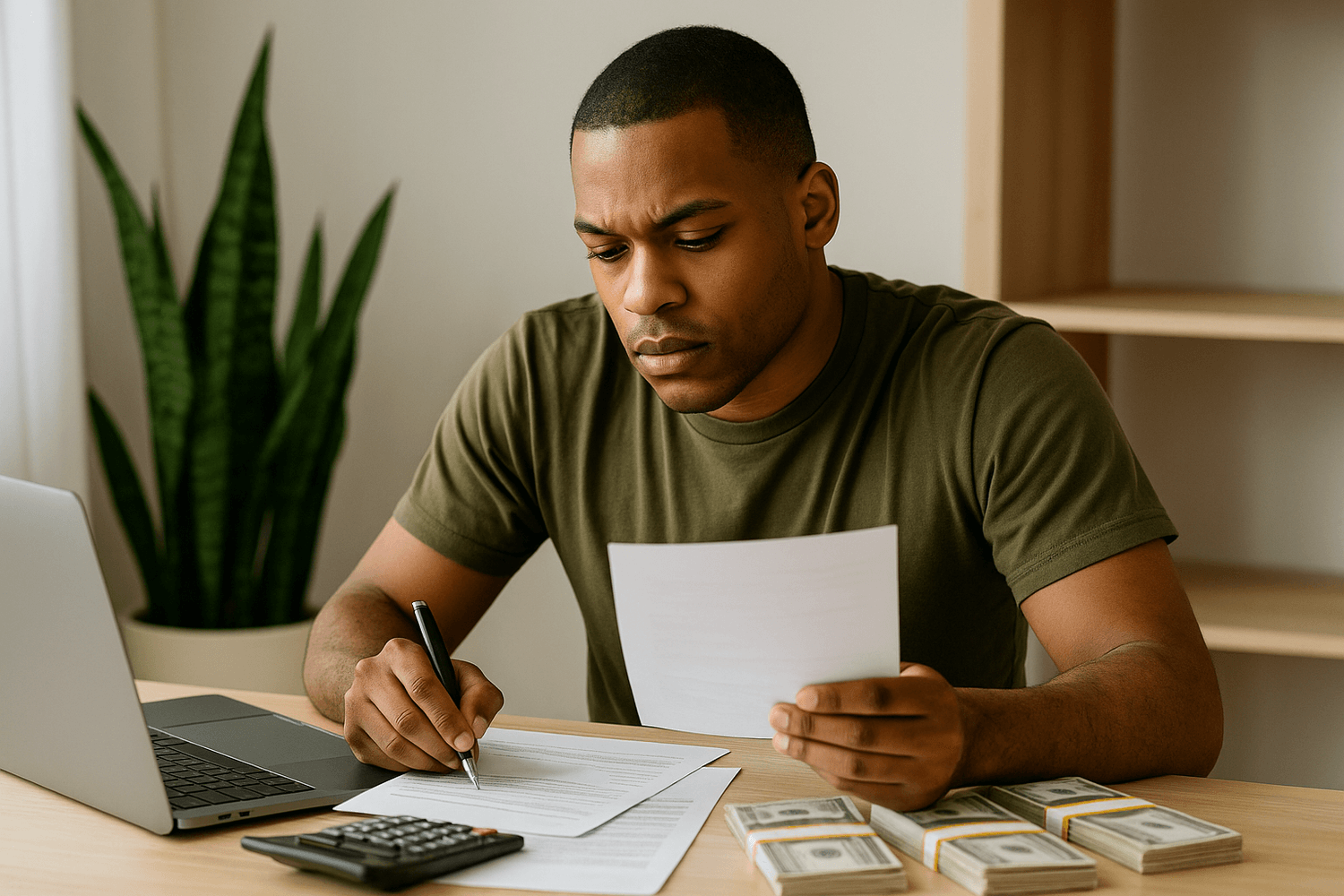 A serious man sitting at a desk reviewing a document while holding a pen, with a laptop, calculator, and stacks of cash nearby, suggesting he is carefully analyzing finances or paperwork.