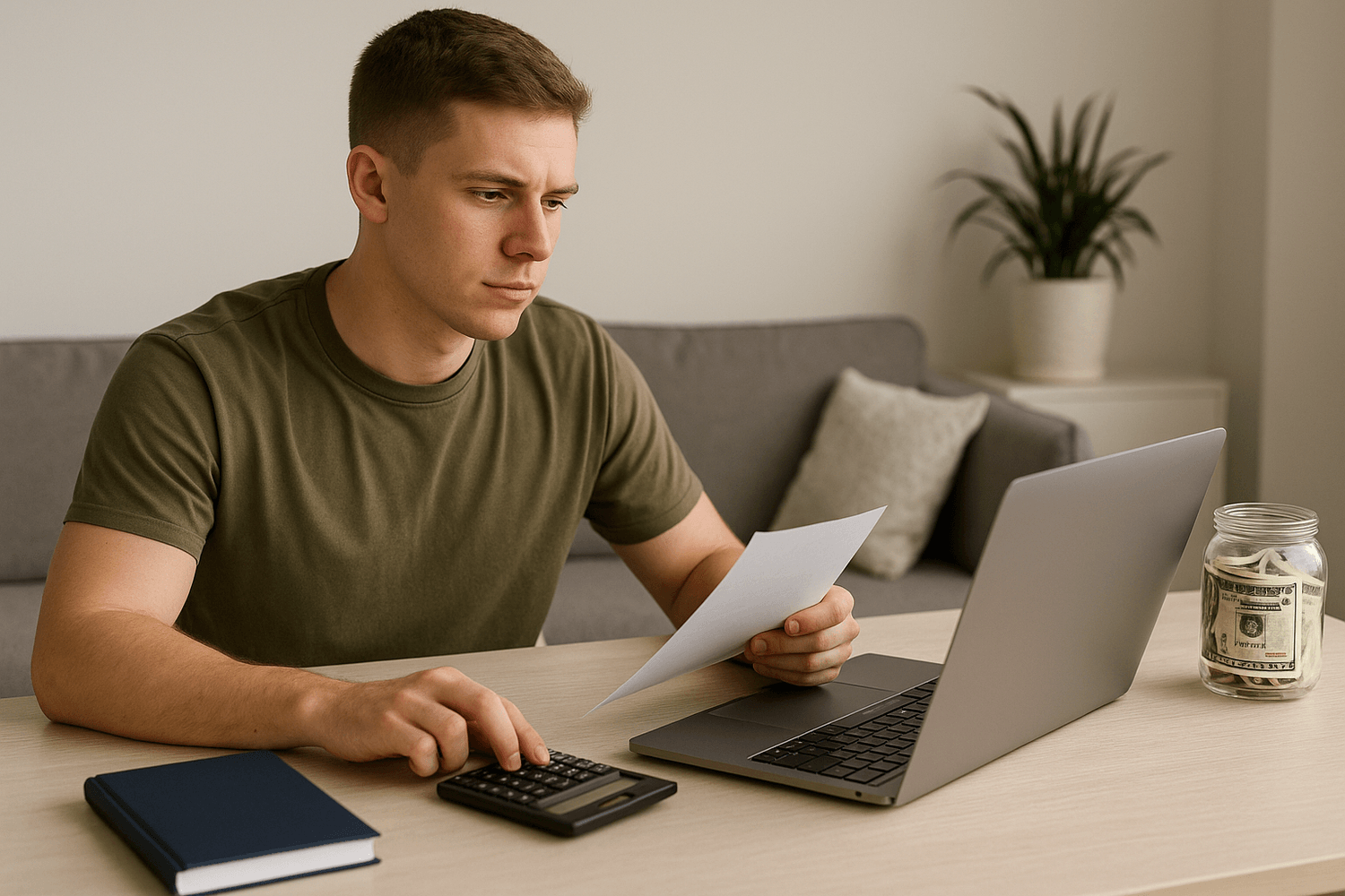 A man sitting at a desk using a calculator while holding a document, with a laptop, notebook, and a jar of cash nearby, appearing focused on budgeting or reviewing his finances.